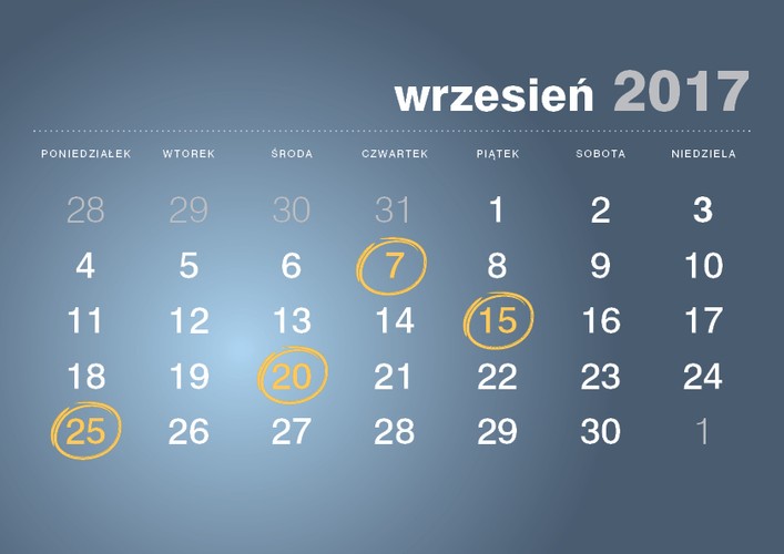 <strong>7 września 2017 roku</strong>
<br><br> Termin złożenia deklaracji CIT-7 <br><br>
<br><br> Termin przekazania przez płatnika, o którym mowa w art. 26 ust 1 CIT, pobranego zryczałtowanego podatku<br><br> 
<br><br> Termin przekazania przez płatnika podatku od należności wypłaconych osobom niemającym w RP miejsca zamieszkania/siedziby z tytułu art. 21 ust 1 i art. 22 ust 1 CIT   <br><br>
<br><br> Termin płatności podatku w formie karty podatkowej  <br><br>
<br><br> Termin wpłaty pobranego przez płatnika podatku PCC, SD<br><br>
<br><br> Termin złożenia przez płatnika deklaracji: PCC-2, SD-2<br><br> 

<strong>15 września 2017 roku</strong>
<br><br>VAT-UE (nie dotyczy podatników składających VAT-UE w formie elektronicznej <br><br> 

<strong>20 września 2017 roku</strong>
<br><br>Termin złożenia informacji CIT-ST <br><br> 
<br><br> Termin płatności zaliczki CIT <br><br> 
<br><br>Termin płatności zaliczki CIT w formie uproszczonej <br><br>
<br><br> Termin płatności zaliczki PIT wg skali podatkowej<br><br> 
<br><br> Termin płatności zaliczki PIT podatek liniowy<br><br> 
<br><br> Termin płatności zaliczki PIT w formie uproszczonej<br><br> 
<br><br> Termin płatności zaliczki PIT przez podatników uzyskujących dochody bez pośrednictwa płatnika<br><br> 
<br><br> Termin płatności ryczałtu od przychodów ewidencjonowanych<br><br> 
<br><br> Termin wpłaty pobranych przez płatnika zaliczek PIT i zryczałtowanego podatku PIT od kwot wypłaconych<br><br>
 
<strong>25 września 2017 roku</strong>
<br><br>Termin złożenia informacji VAT-27<br><br>
<br><br> Termin złożenia deklaracji VAT-7<br><br> 
<br><br> Termin złożenia deklaracji VAT-8 - przy wewnątrzwspólnotowym nabyciu powyżej 10000 Euro<br><br> 
<br><br> Termin złożenia deklaracji VAT-9M<br><br> 
<br><br> Termin złożenia deklaracji VAT-12 w zakresie usług taksówek osobowych opodatkowanych w formie ryczałtu<br><br> 
<br><br> Termin złożenia deklaracji VAT-13 - rozliczenie transakcji wewnątrzwspólnotowych dostaw towarów podatników, którego dokonuje przedstawiciel podatkowy w imieniu własnym i na rzecz podatników<br><br>
<br><br> Termin płatności podatku VAT<br><br> 
<br><br>Termin płatności zaliczek na podatek VAT za pierwszy oraz za drugi miesiąc kwartału na podstawie art. 103 ust. 2a VAT <br><br> 
<br><br>Termin złożenia deklaracji VAT-UE WYŁĄCZNIE drogą elektroniczną <br><br>