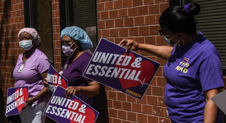 NYC nursing home workers protest lack of PPE, hazard pay, and respect from employers on May 21, 2020. Home care workers may also work in long-term residential care facilities.
