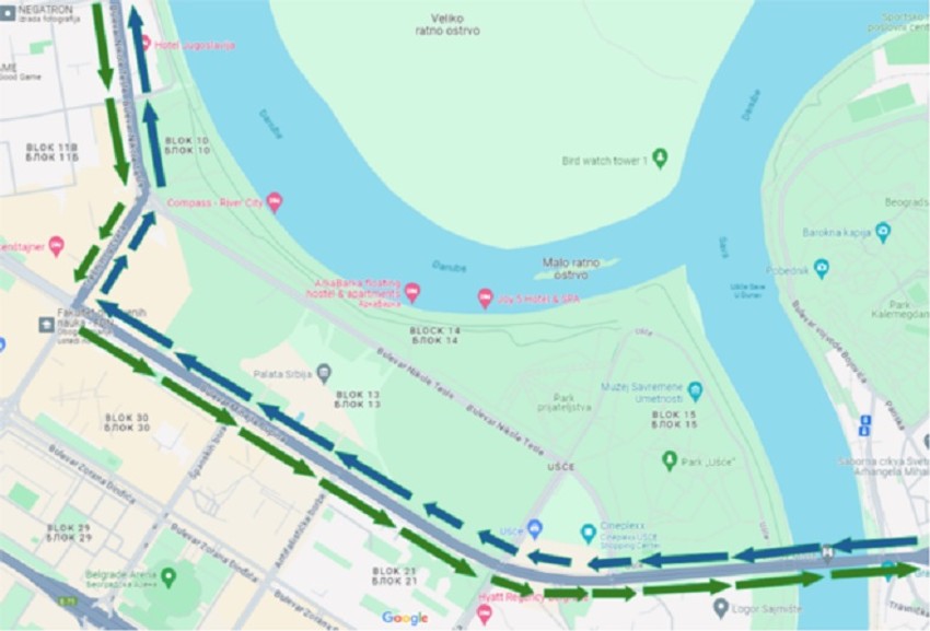 Mapa kretanja tokom rekonstrukcije kod Ušća