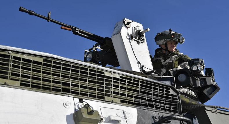 A Finnish machine gunner is pictured during the Northern Wind Swedish army exercise in the north-eastern part of Sweden, near Kalix, on March 22, 2019.