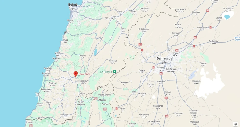 Liban i reka Litani na mapi