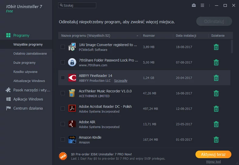 Główne okno programu do odinstalowywania oprogramowania w Microsoft Windows - IObit Uninstaller 7
