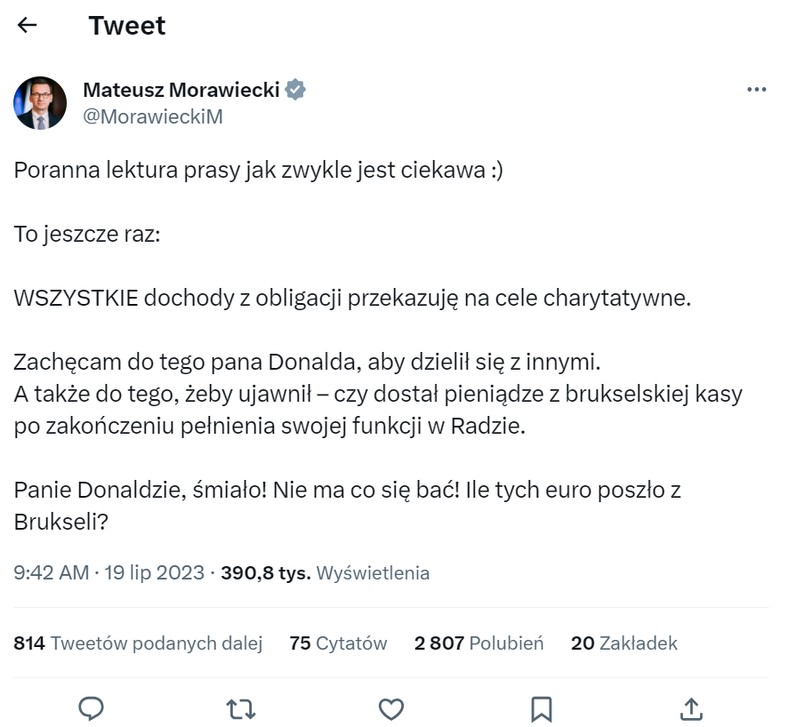 Mateusz Morawiecki zaapelował do Donalda Tuska o ujawnienie jego majątku na Twitterze. Źródło: Twitter Mateusza Morawieckiego