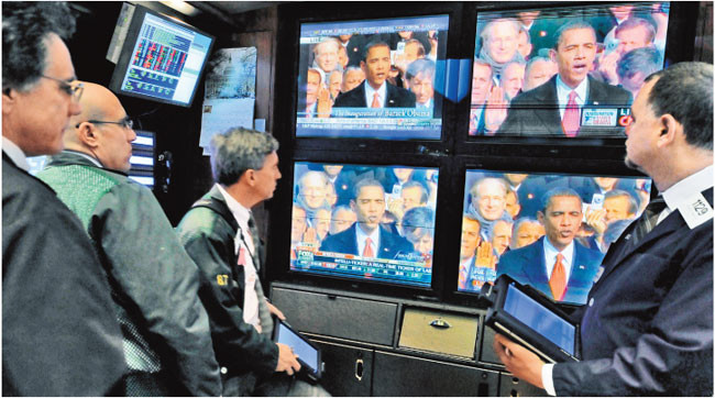 Wall Street w dniu objęcia prezydentury przez Baracka Obamę Fot. AP