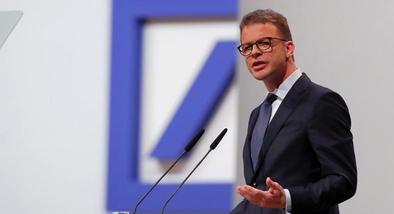 FILE PHOTO: CEO Christian Sewing delivers a speech during the annual shareholder meeting of Germany's largest business bank, Deutsche Bank, in Frankfurt, Germany, May 23, 2019. REUTERS/Kai Pfaffenbach/File Photo