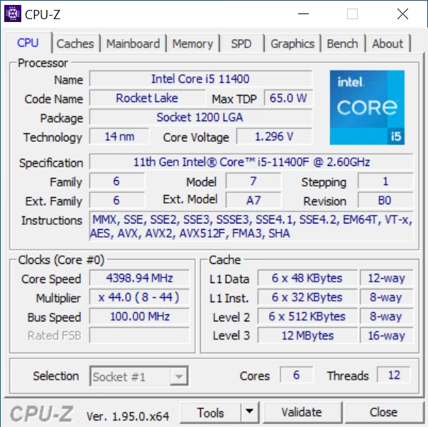 Intel Core i5-11400F – specyfikacja procesora w CPU-Z