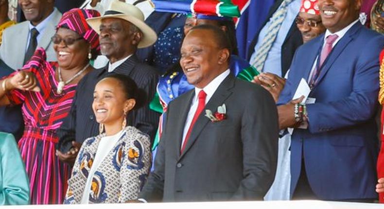 President Uhuru Kenyatta with his daughter Ngina as they attended the Namibia's 39th Independence Day celebrations (PSCU)