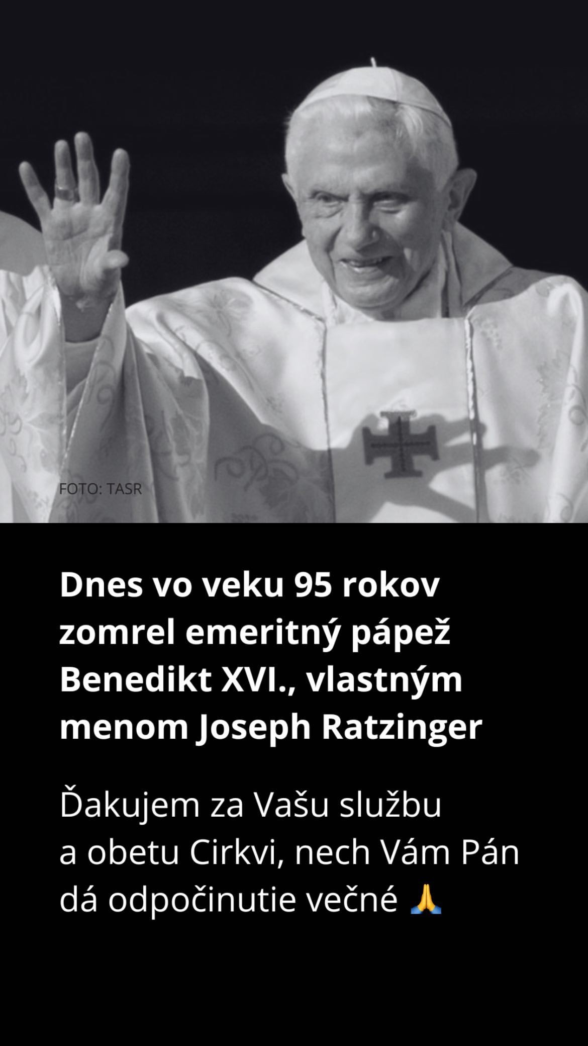 Eduard Heger poďakoval Benediktovi XVI. († 95) za jeho službu.