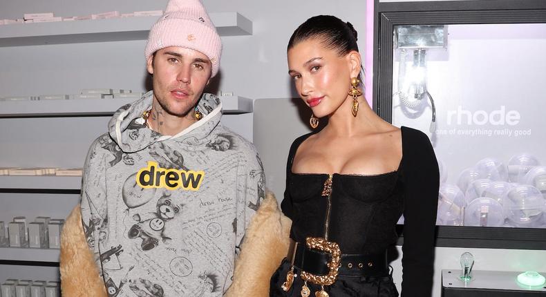Justin Bieber and Hailey Bieber attend a Rhode event in Hollywood, California, on January 14, 2023.Jerritt Clark/Getty Images