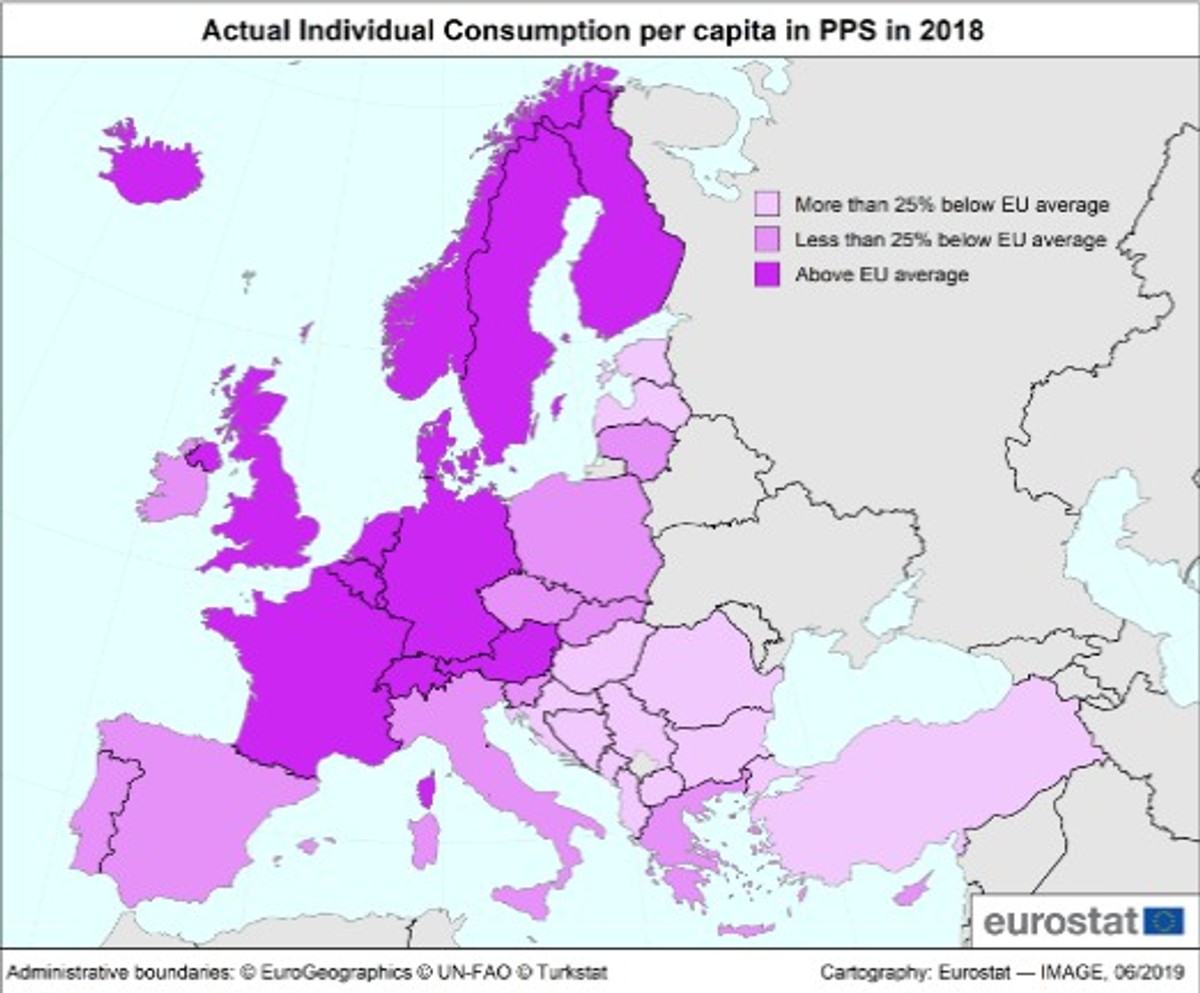Spożycie indywidualne per capita w PPS źródło - Eurostat
