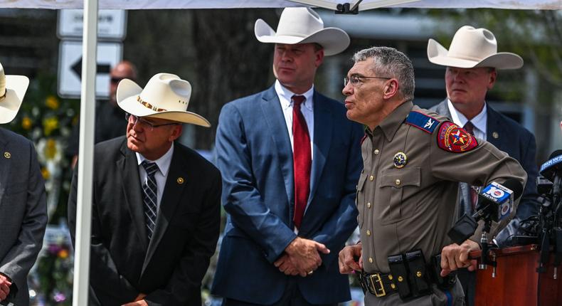 Director and Colonel of the Texas Department of Public Safety Steven C. McCraw listens with other law enforcement officials during a press conference outside Robb Elementary School in Uvalde, Texas, on May 27, 2022.CHANDAN KHANNA/AFP via Getty Images