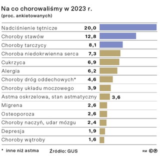 Na co chorowaliśmy w 2023 r. (proc. ankietowanych)
