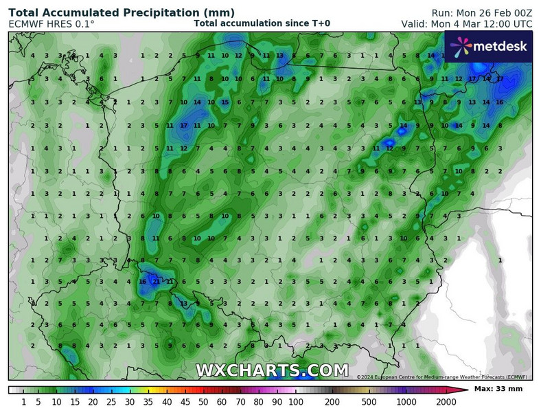 Prognozowana suma opadów do przyszłego poniedziałku, 4 marca