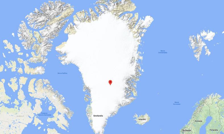Przybliżona lokacja rekordowo niskiej temperatury na Grenlandii