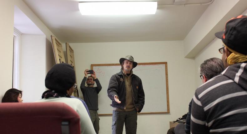 Mountain Scout Survival School founder Shane Hobel addresses the New York City Preppers Network during its monthly meeting inside a church in Hudson Heights, a neighborhood in far north Manhattan, on February 5.