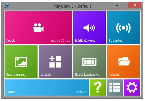 Główne okno programu do nagrywania filmów z gier - PlayClaw