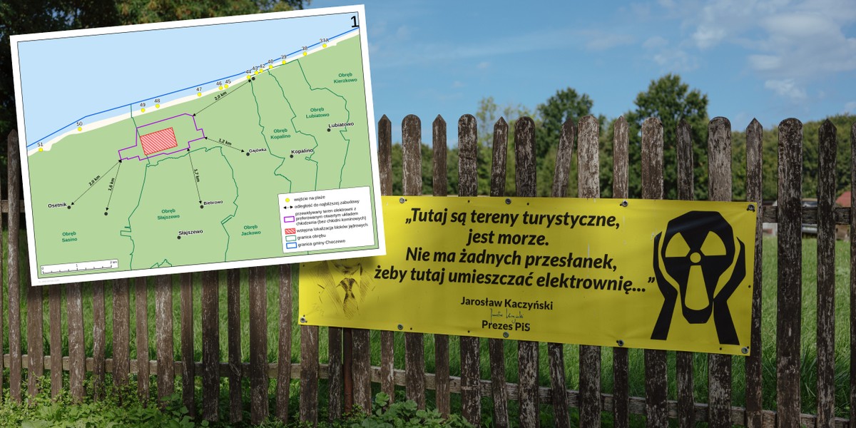 Plakat przeciw budowie elektrowni jadrowej w gminie Choczewo. Na mapie lokalizacja planowanej inwestycji na Pomorzu.