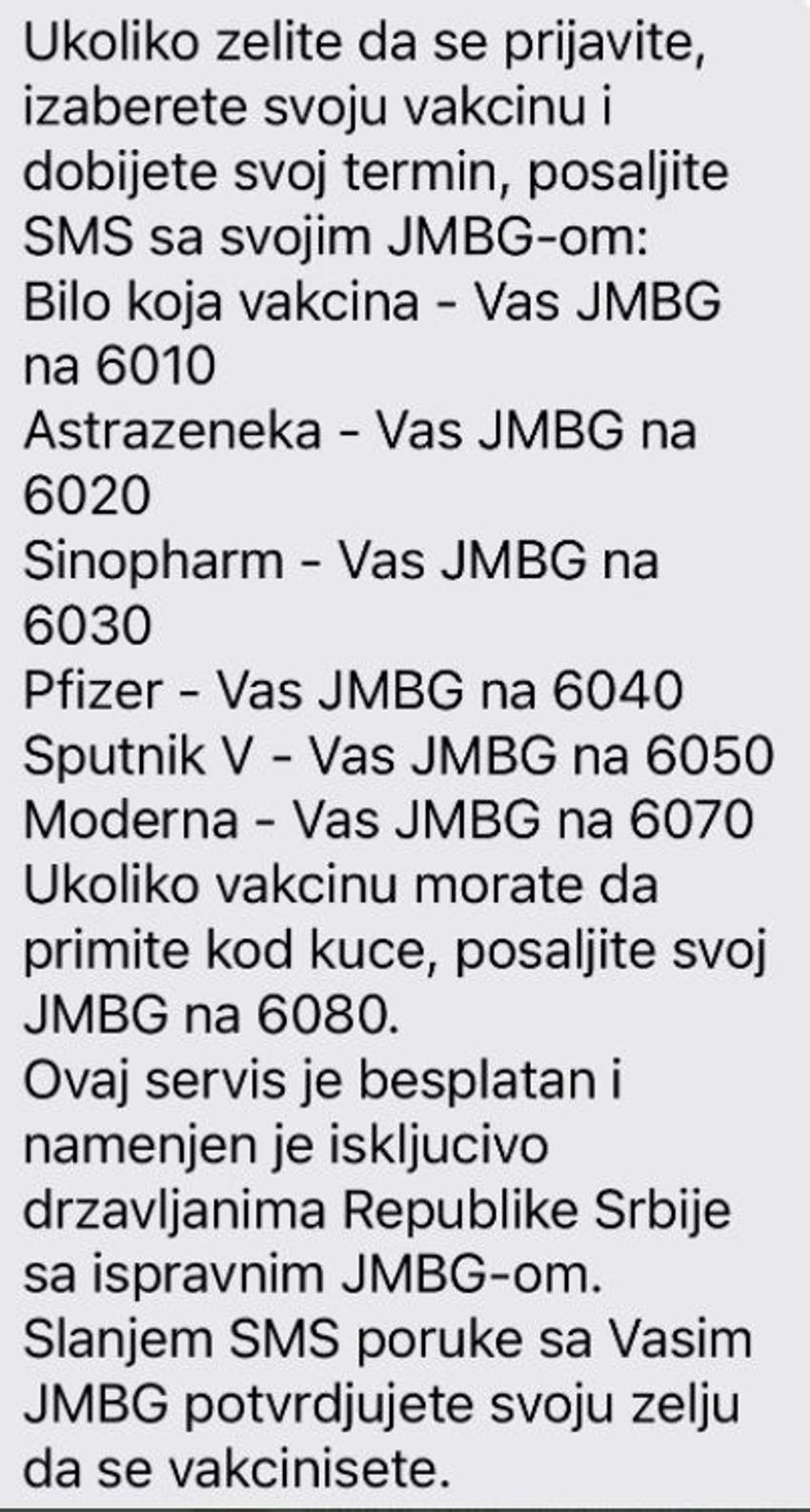 Putem SMS-a se može i zakazati vakcinacija