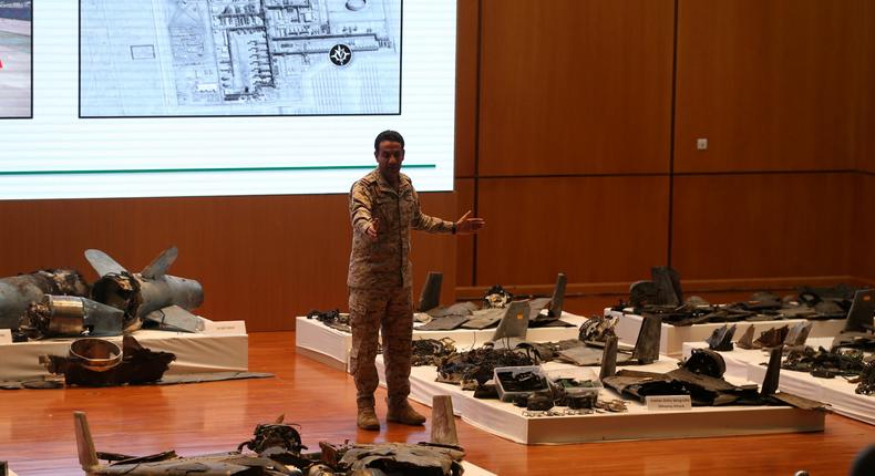 Saudi defence ministry spokesman Colonel Turki Al-Malik displays remains of the missiles which Saudi government says were used to attack an Aramco oil facility, during a news conference in Riyadh, Saudi Arabia September 18, 2019
