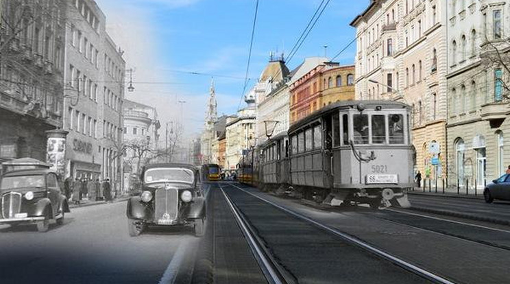 A Blaha Lujza tér felé egy 1920-as évekbeli villamoshalad a Nagykörúton