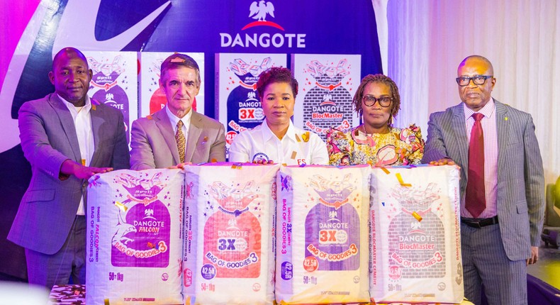 L-R: Group Sales and Marketing Director, Dangote Cement Plc, Rabiu Umar;  Group Managing Director/CEO, Dangote Cement Plc, Michel Puchercos;  National Sales Director, Dangote Cement Plc, Funmi Sanni;  Head of Lagos Office Federal Competition, Consumer Protection Commission, Susie Onwuka, Representative of the Director-General National Lottery Regulatory Commission (NLRC) /Deputy Director Licensing and Regulatory, Obi Iregbu; at the Dangote Cement Plc, Media Launch of Bag of Goodies Season 3 Consumer Promotion, in Lagos. July 5, 2022.