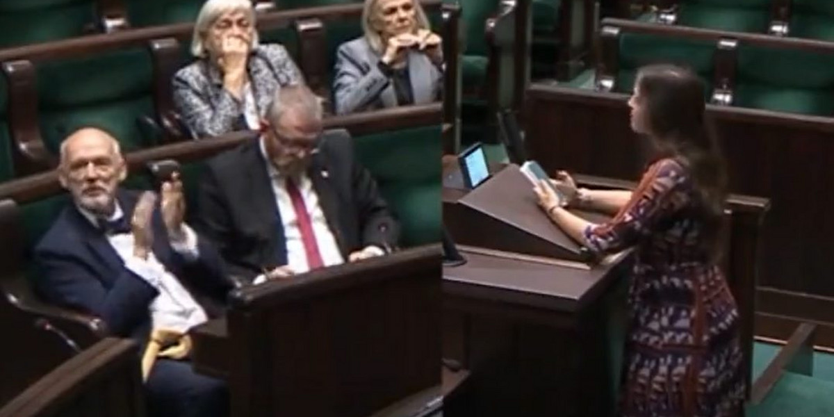 Sejm. Janusz Korwin-Mikke oklaskuje Klaudię Jachirę.