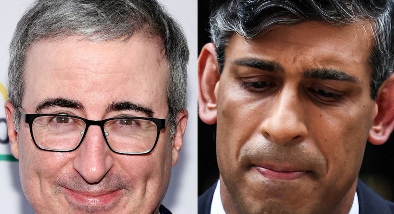 To put it mildly, the Tories are in trouble, which is a remarkable downfall for a party that's been in power for the last 14 straight years, comedian John Oliver (left) said of UK Prime Minister Rishi Sunak's (right) party last month.Jamie McCarthy via Getty Images; Henry Nicholls/AFP via Getty Images