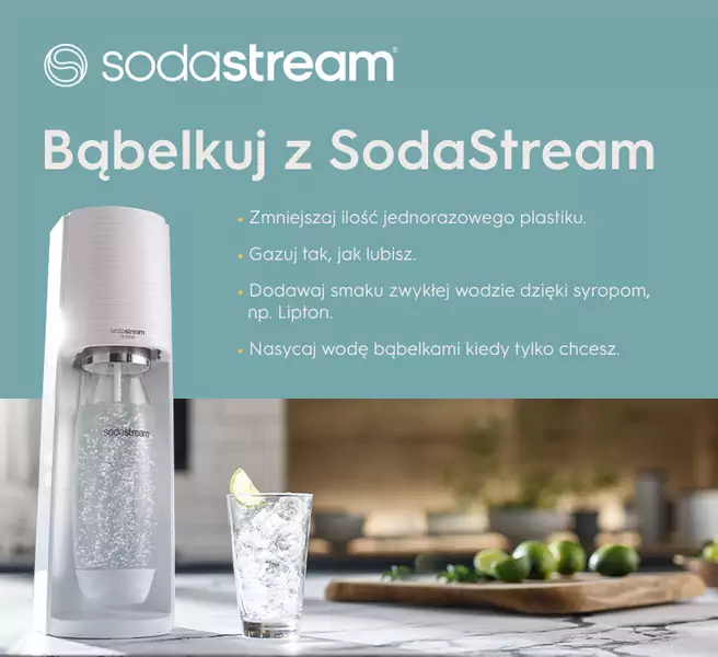 Bąbelkuj z SodaStream! Zmniejszaj ilość jednorazowego plastiku; gazuj tak, jak lubisz; dodawaj smaku zwykłej wodzie dzięki syropom, np. Lipton; nasycaj wodę bąbelkami kiedy tylko chcesz - infografika
