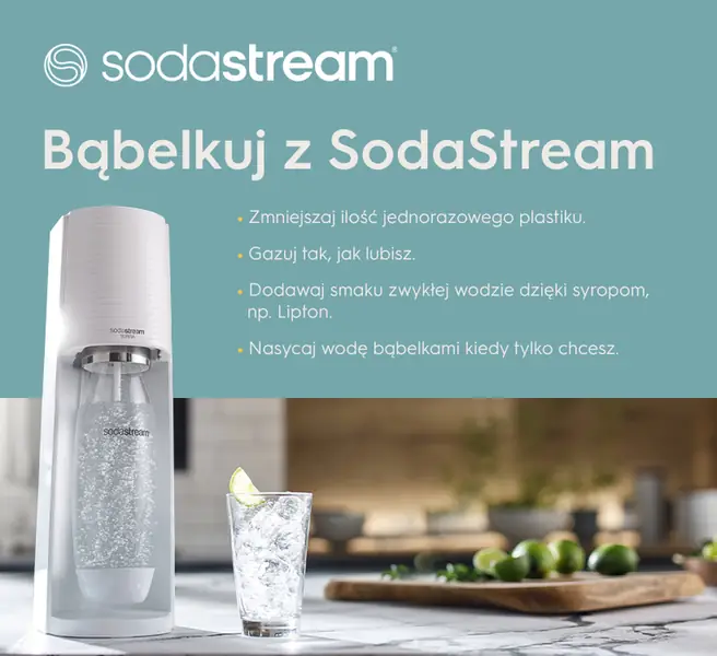 Bąbelkuj z SodaStream! Zmniejszaj ilość jednorazowego plastiku; gazuj tak, jak lubisz; dodawaj smaku zwykłej wodzie dzięki syropom, np. Lipton; nasycaj wodę bąbelkami kiedy tylko chcesz - infografika