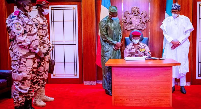 President Muhammadu Buhari meets with Gen. Mahamat Idriss Deby, President of Chad’s Transitional Military Council. [Presidency]