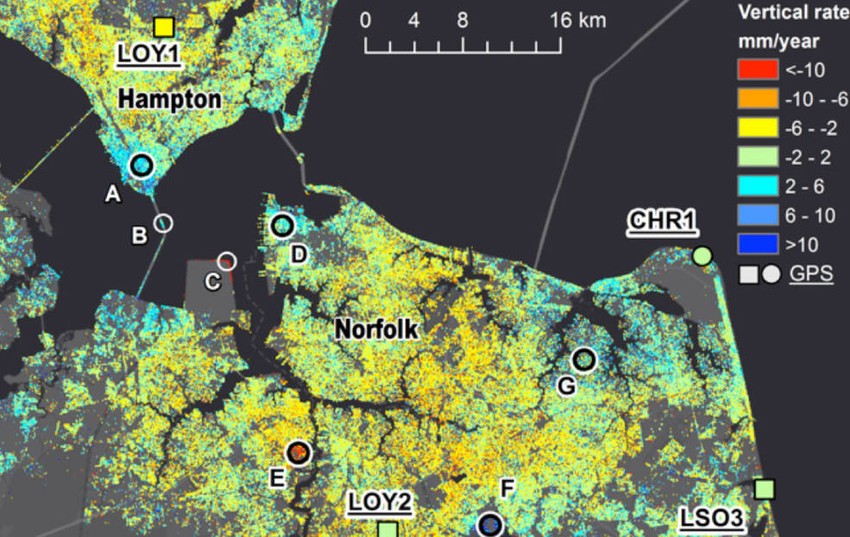 Stepen tonjenja u milimetrima godišnje. CHR1, LOY1, LOY2 i LSO3 su GPS stanice.