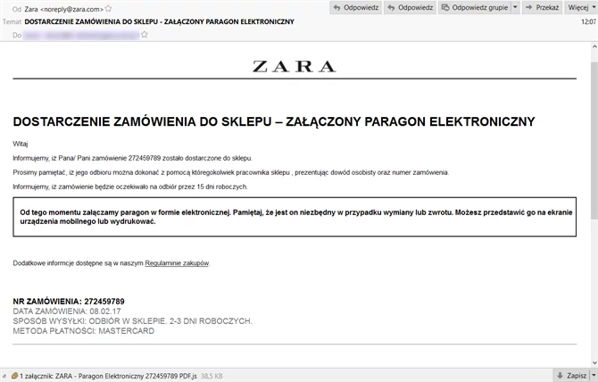 Nowy spam podszywający się pod sklep Zara.com