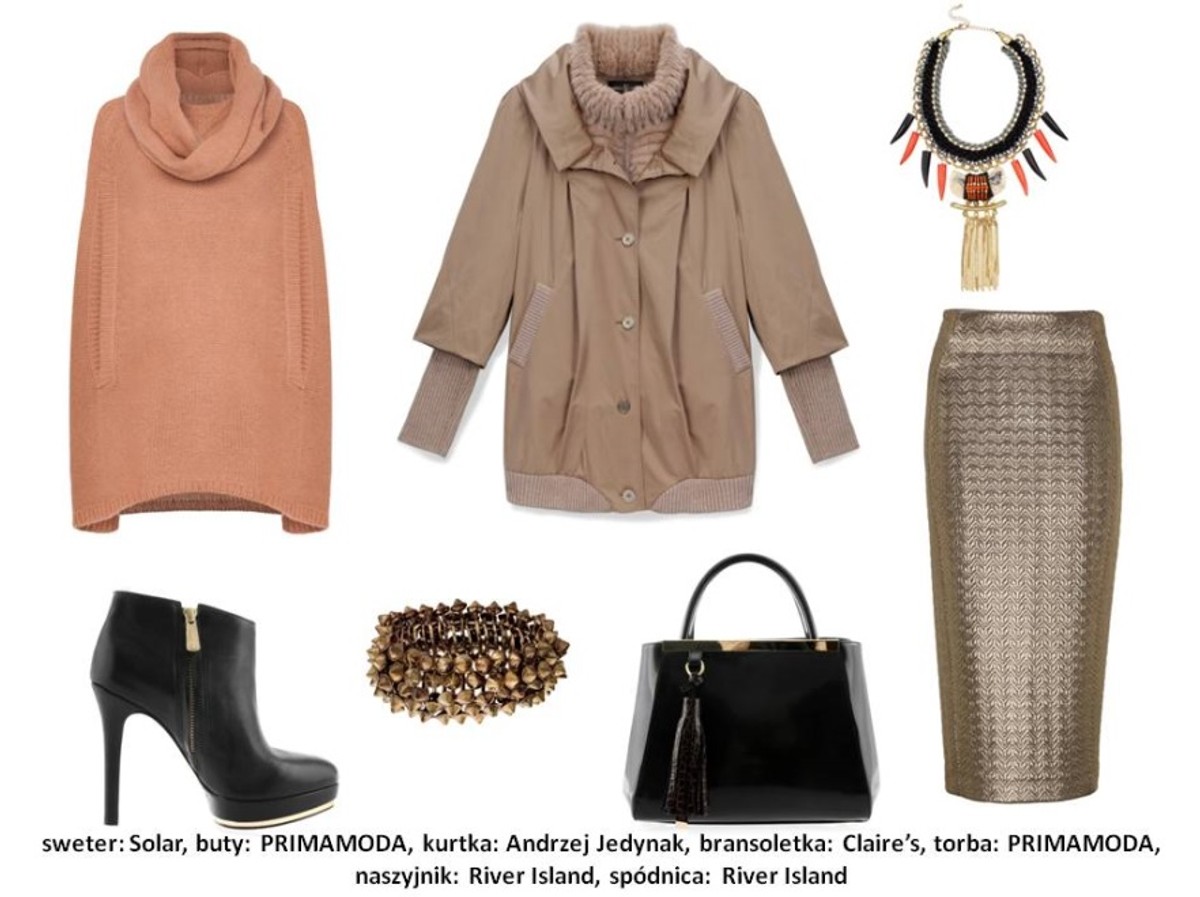 Sweter Solar: 349 pln buty PRIMAMODA: 549 pln kurtka Andrzej Jedynak: 3900 pln bransoletka Claire’s: 39,90 pln torba: PRIMAMODA: 699,90 pln naszyjnik River Island: wzór spódnica Rihanna for River Island: wzór
