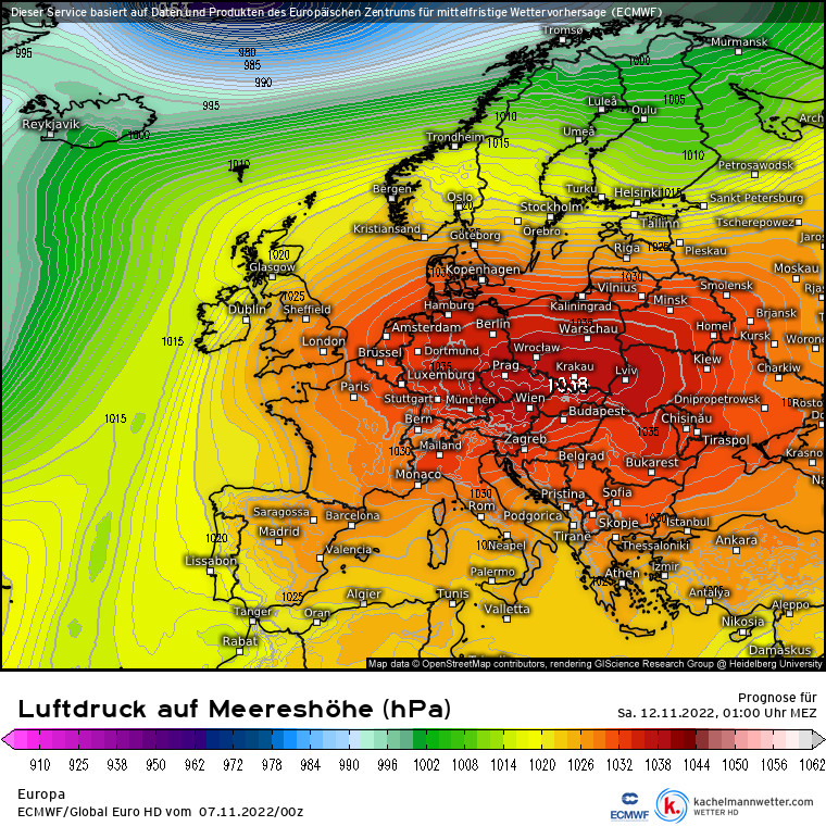 Ciśnienie atmosferyczne w Europie w nocy z piątku na sobotę.