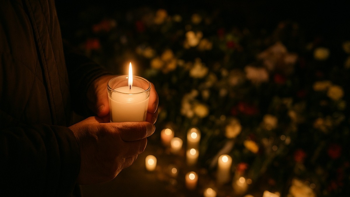 Mężczyzna trzyma świeczkę lub znicz w dłoni na tle innych świeczek