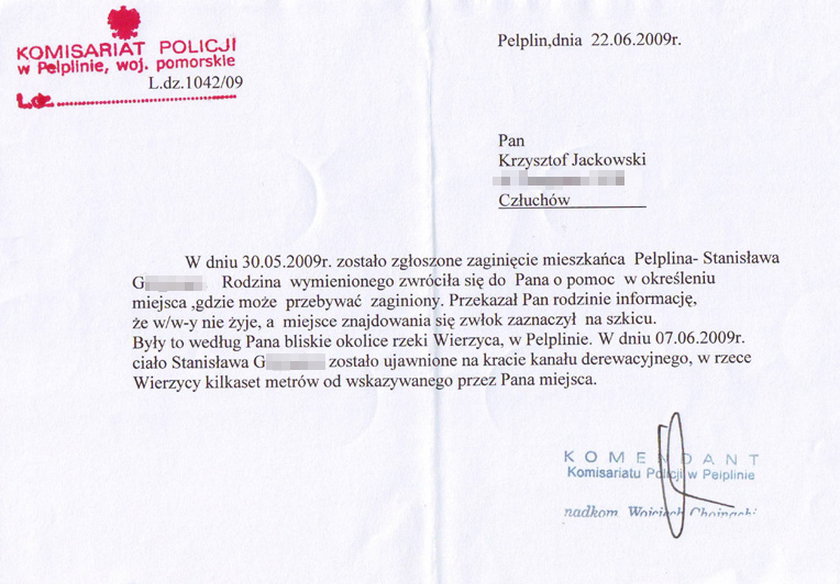 Oto list z podziękowaniami, które jasnowidz Krzysztof Jackowski otrzymał od policji