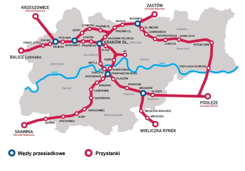 Mapa linii Szybkiej Kolei Aglomeracyjnej w Krakowie, źródło: opracowanie autora