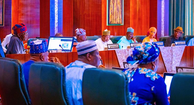 President Bola Tinubu and his cabinet members during their inaugural Federal Executive Council meeting. [Channels TV]