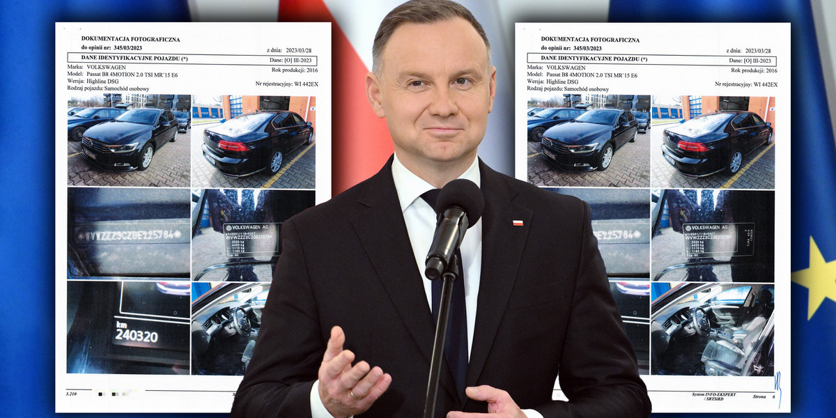 Prezydent Andrzej Duda sprzedaje passaty. Z aut wyciekają płyny.