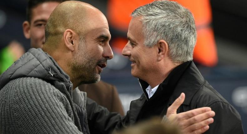 Pep Guardiola's Manchester City are outspending Manchester United, managed by Jose Mourinho (right)