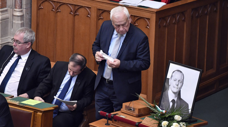 Az elhunyt Hirt Ferenc fideszes képviselő portréja az Országgyűlés plenáris ülésén / Fotó: MTI Máthé Zoltán
