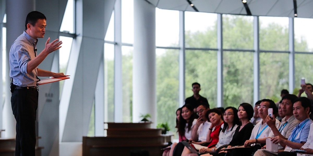 Ma speaks to his employees in Hangzhou, China.