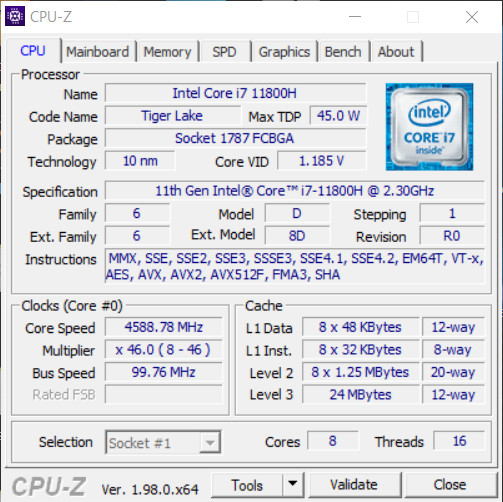 Dream Machines RG3050Ti-15PL26 – CPU-Z – specyfikacja Intel Core i7-11800H 