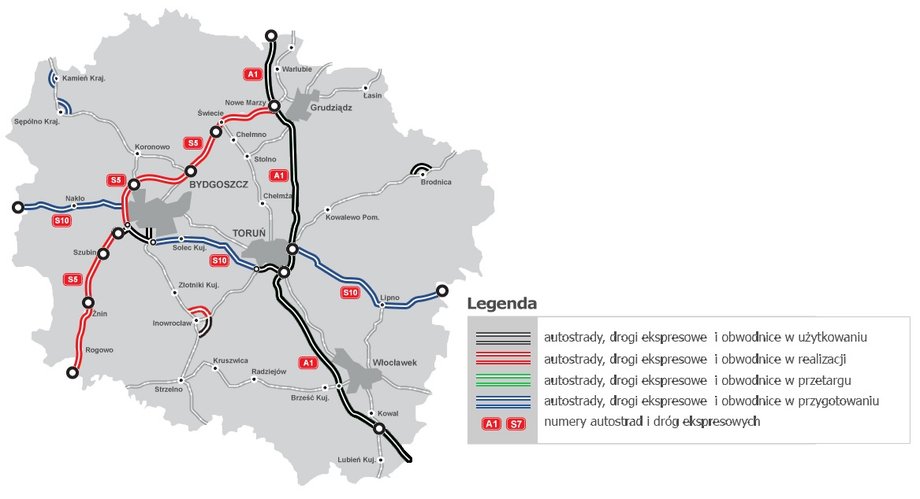 Mapa stanu budowy dróg - kujawsko-pomorskie