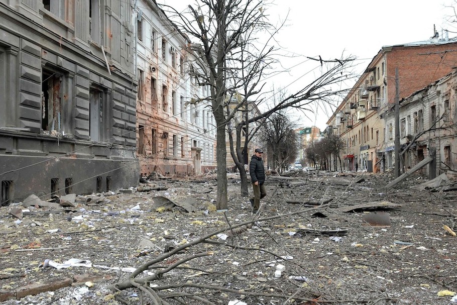 Na zdjęciu: zniszczony Charków, 7.03.2022