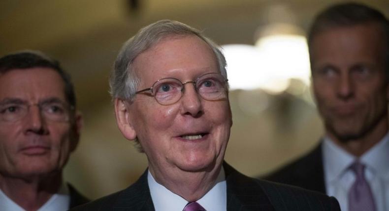 US Senate Majority Leader Mitch McConnell speaking to the press after a Republican senators' weekly lunch at the US Capitol in Washington, DC