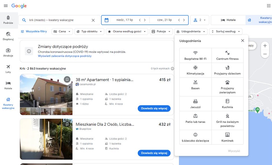 Wyszukiwanie udogodnień na liście kwater w Podróżach Google