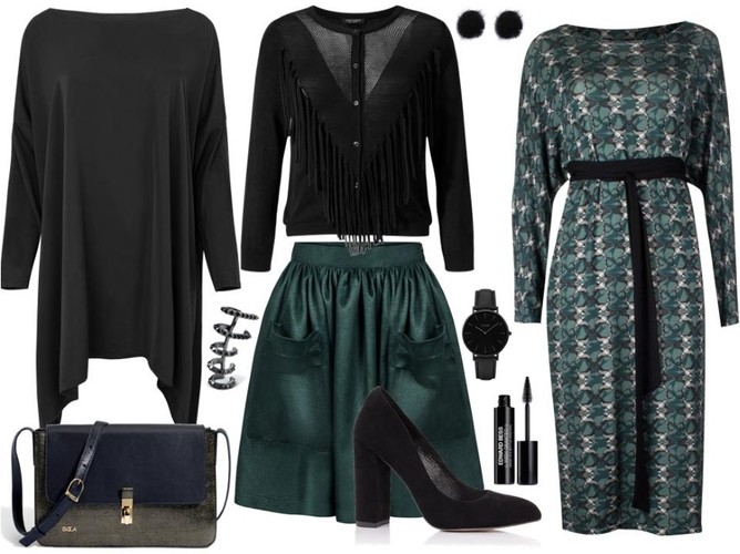 STYLIZACJE w kolorze butelkowej zieleni: Sukienka czarna - White House/whitehouse.sklep.pl, sukienka zielona – Rabarbar/rabarbar.pl, sweter – Cristina Effe/cristinaeffe.com, torebka – Boca/boca.pl, buty – Gianmarko/gianmarko.com.pl, akcesoria TKMAXX/tkmaxx.pl