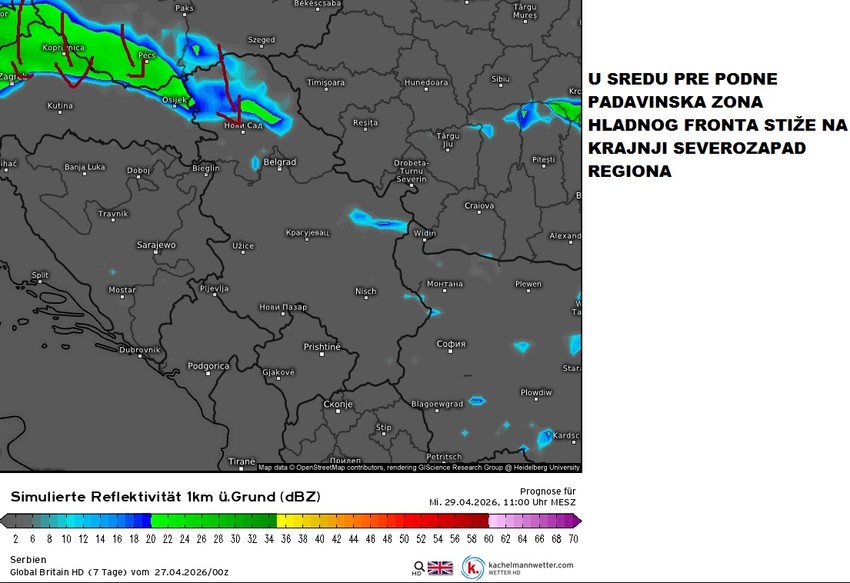 U sredu pre podne padavine stižu sa severeozapada i ulaze u Srbiju
