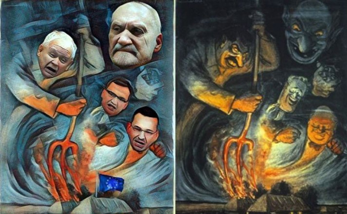 Plakat z politykami PiS i oryginalny plakat nazistowski / Piotr Woźniak